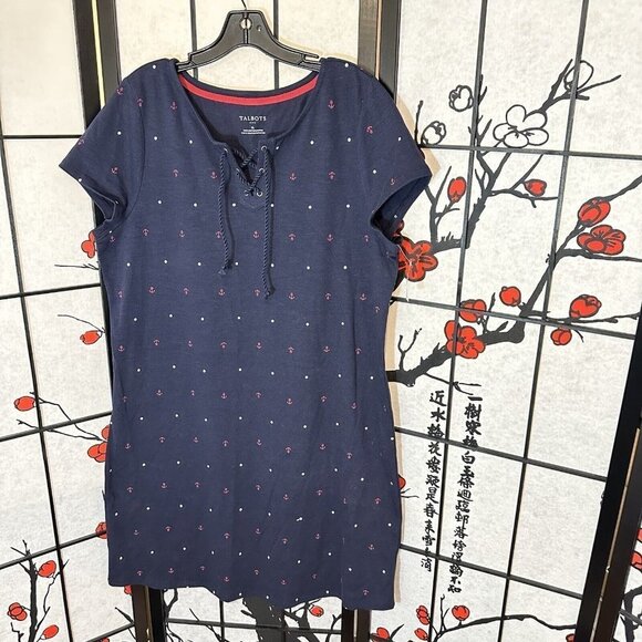 Talbots Nautical Dress Navy Blue Lace up Neck Size XL Shirt Dress Cotton New - Picture 5 of 5